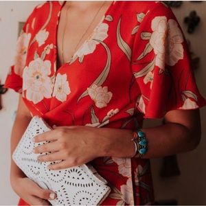 Tropical print Show Me Your Mumu button front and tie front shirt. Size Large.